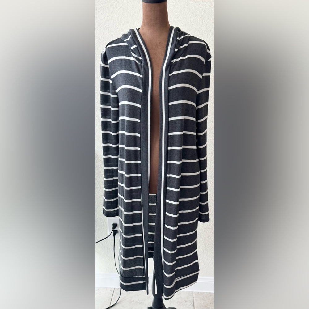 Charcoal and White Striped Hooded Cardigan